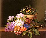 Apple Blossoms, Lilac, Violas, Cornflowers and Primroses on a Ledge by Johan Laurentz Jensen